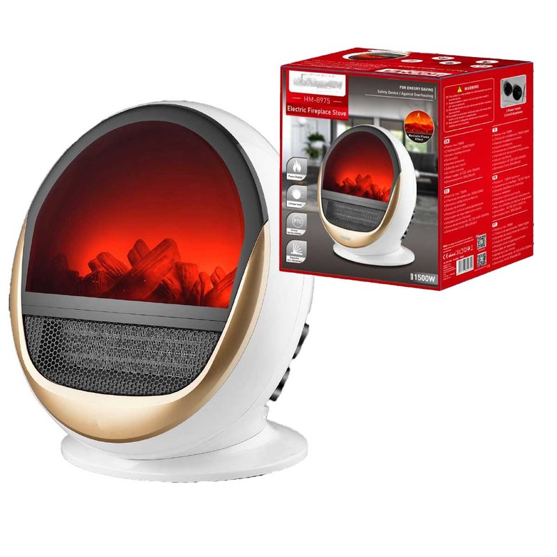 foto del prodotto caminetto elettrico in ceramica 750w 1500w con schermo led effetto fiamma termocamino stufa elettrica termoventilatore bianco oro