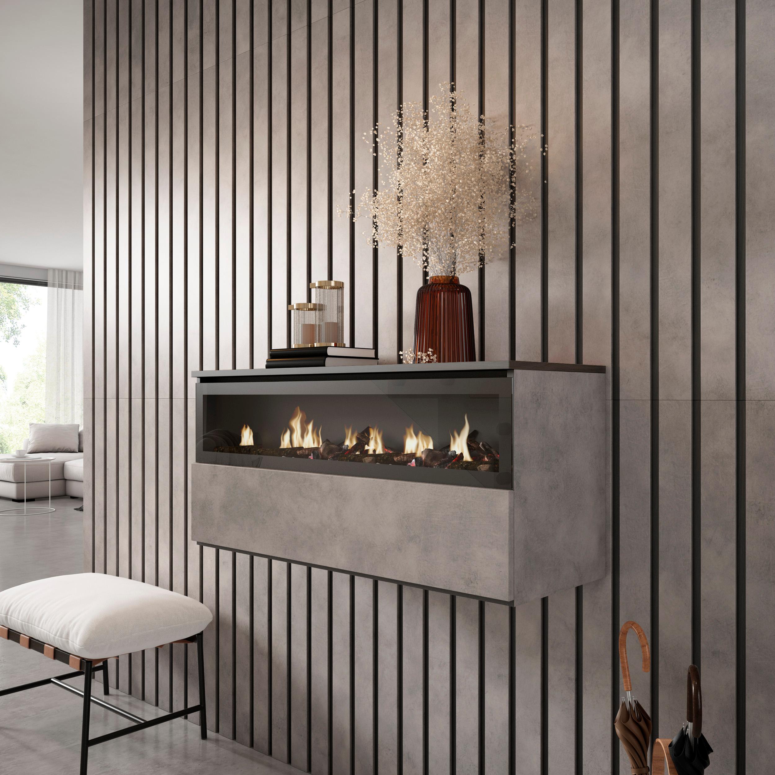 foto del prodotto caminetto elettrico led, 102x35x45cm, 1 apertura, 1 porta, da appendere, grigio cemento rf2321
