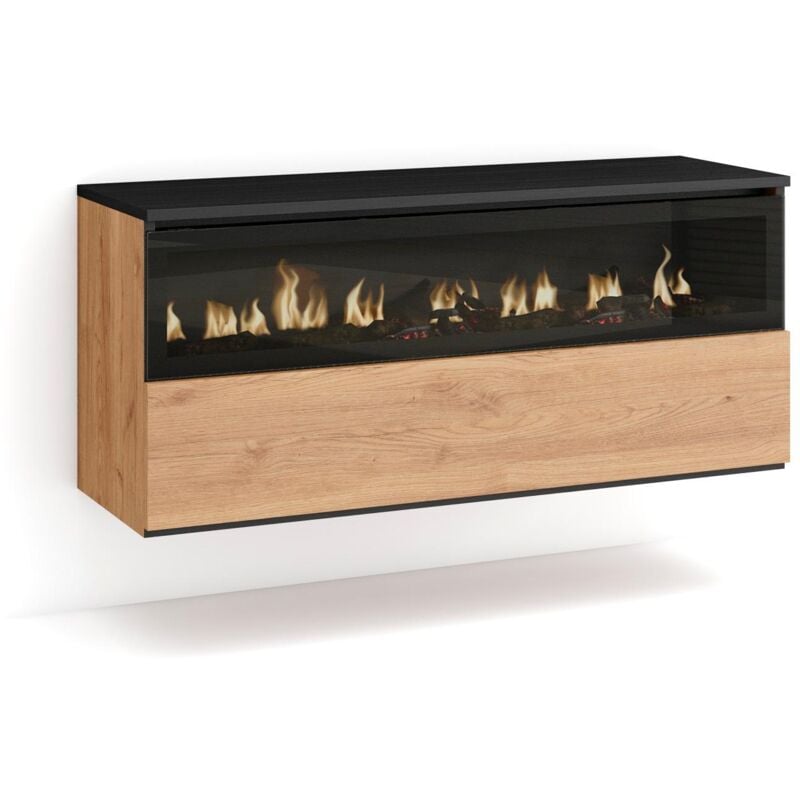 foto del prodotto caminetto elettrico led, effetto fiamma realistico, 102x45x35cm, 1 apertura, 1 porta, camino elettrico, sospeso, da appendere, stile moderno, rovere