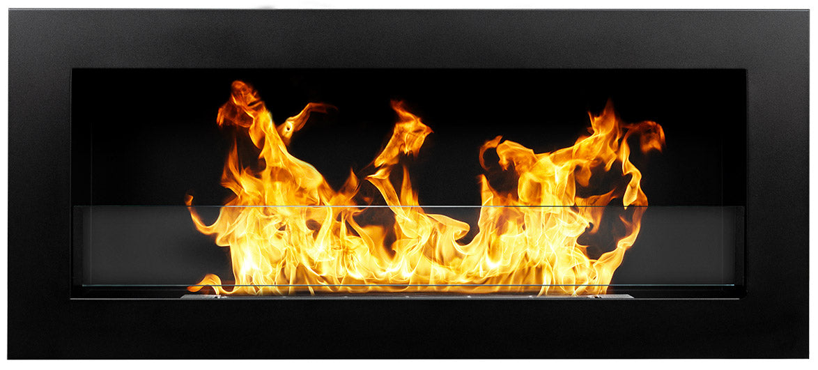 foto del prodotto camino a bioetanolo da parete 90x12x40 cm con vetro in acciaio inox nero