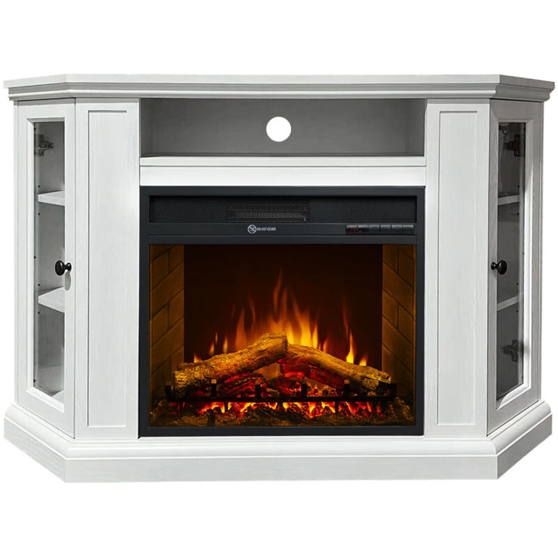 foto del prodotto camino elettrico caminetto da terra ad angolo madison in legno bianco l126 x p78 x h83