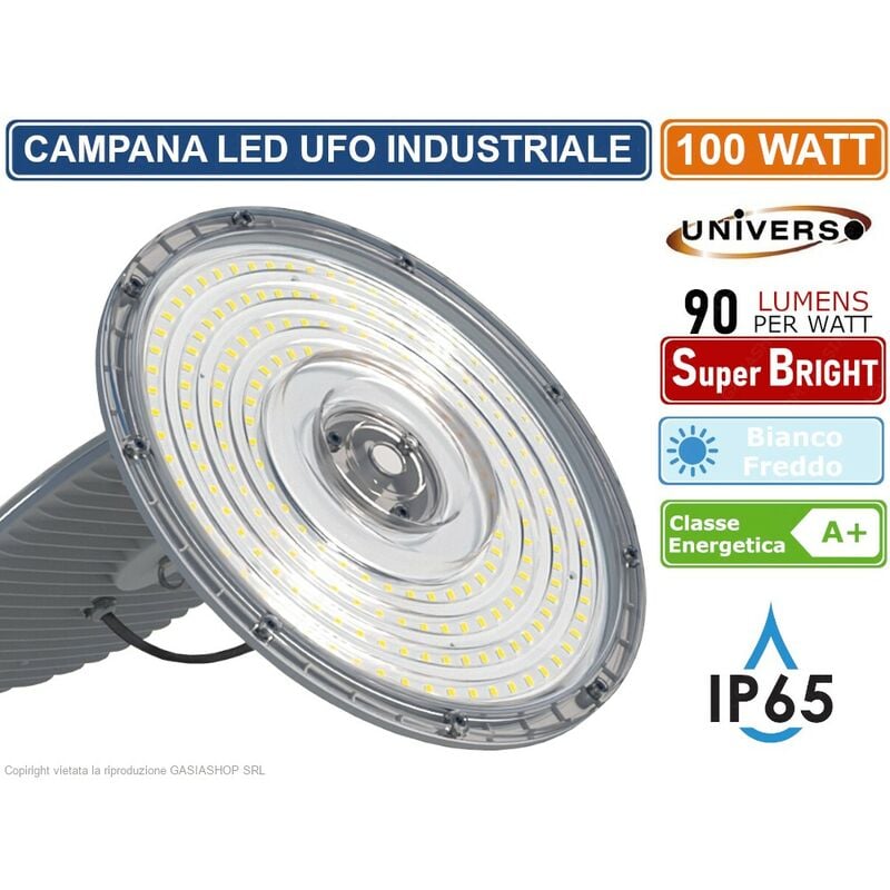 foto del prodotto campana led ufo lampada industriale a sospensione ultra slim 100w da esterno led driver incorporato ip65 9000 lumen