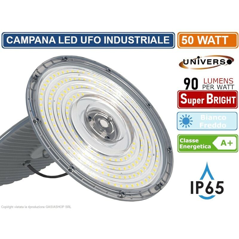 foto del prodotto campana led ufo lampada industriale a sospensione ultra slim 50w da esterno led driver incorporato ip65 4500 lumen