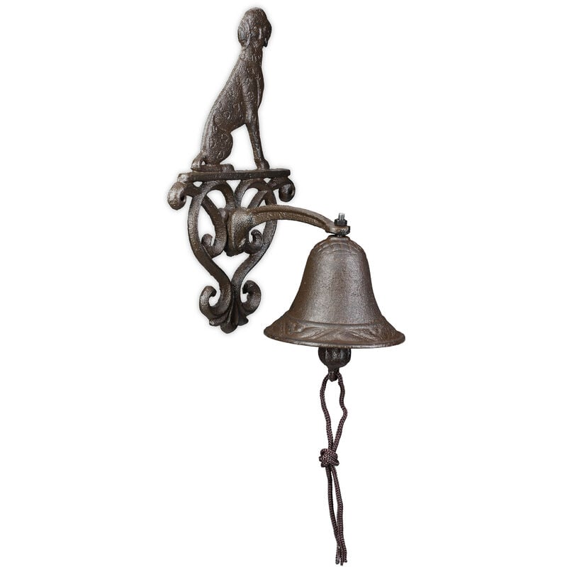 foto del prodotto campanella da muro in ghisa, design antico, campana con corda e cagnolino decorativo, 25 x 14 x 15 cm, marrone relaxdays