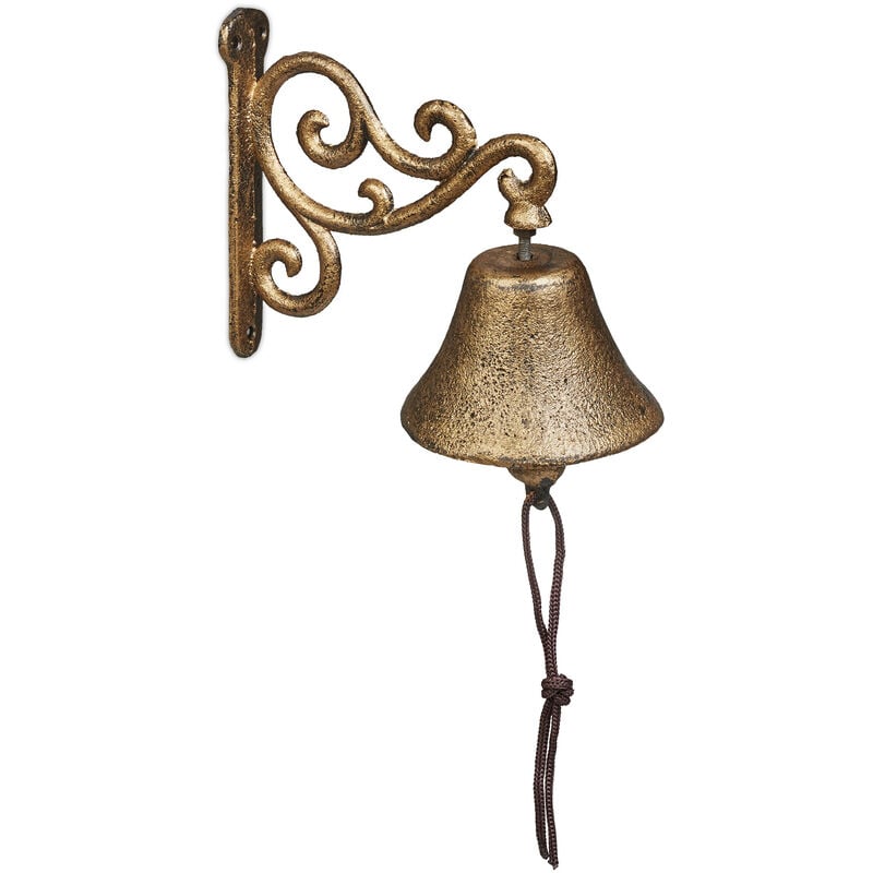foto del prodotto campanella da muro in ghisa, design antico, campana decorativa con corda, per esterni, 15,5x10x17,5 cm, oro relaxdays