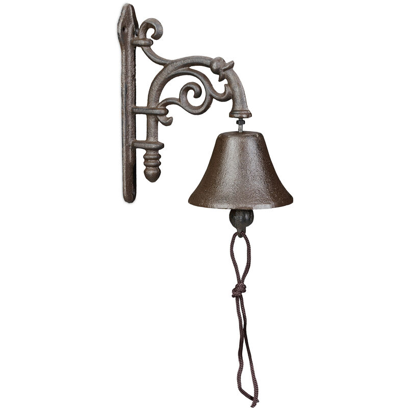 foto del prodotto campanella da muro in ghisa, design antico, campana decorativa con corda, per esterni, 19 x 10 x 17cm, marrone relaxdays