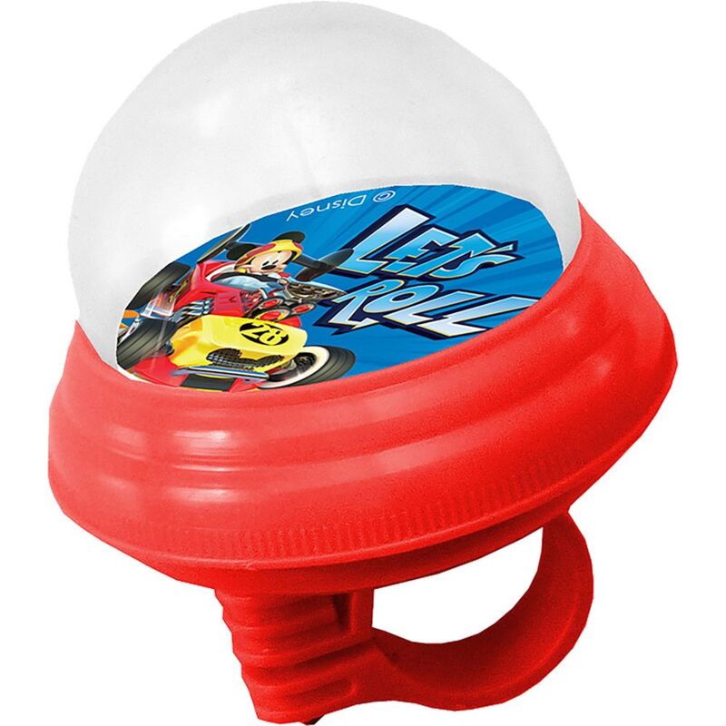 foto del prodotto campanello disney mickey mouse ad aria in plastica con calotta in plastica morbida per bicicletta da bambino, colore blu e rosso