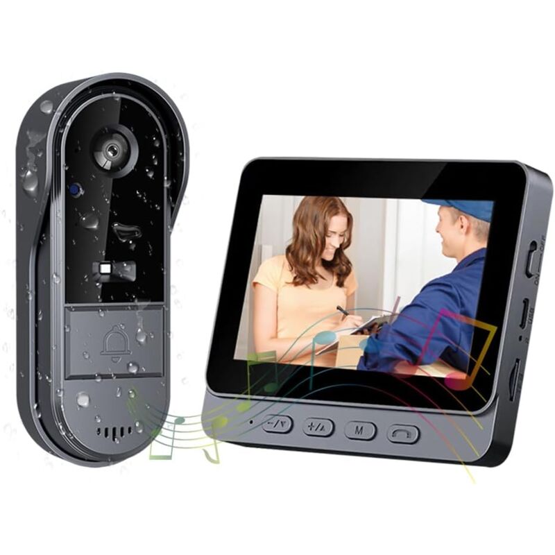 foto del prodotto campanello wireless 1080p impermeabile per esterni con schermo ips da 4,3 pollici, videocitofono wireless ip65, campanello wireless impermeabile con