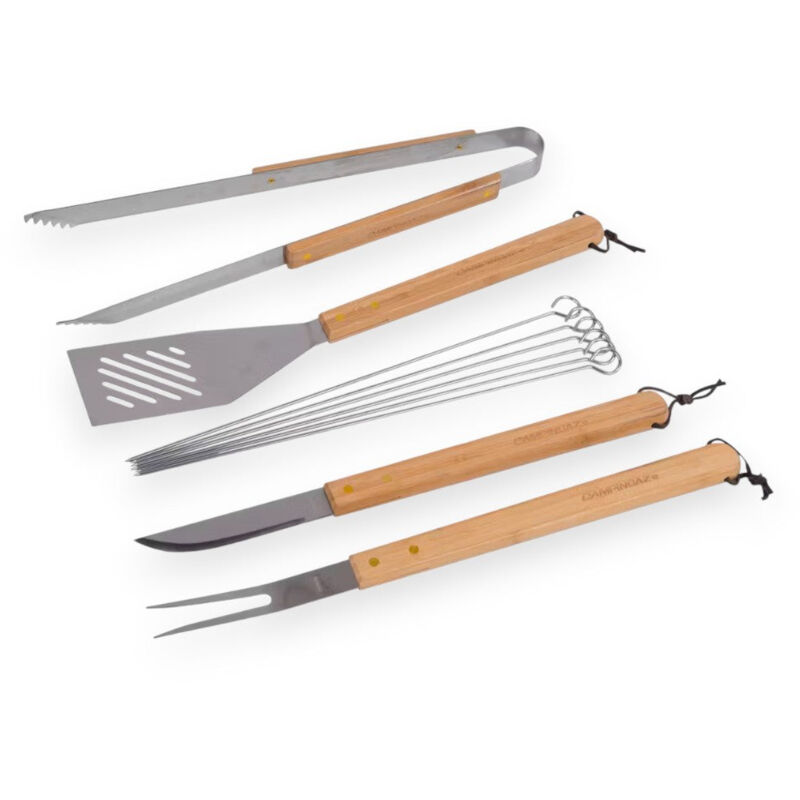 foto del prodotto campingaz set utensili barbecue con coltello pinza forchettone spiedini e spatola in acciaio inox con borsa trasporto tessuto