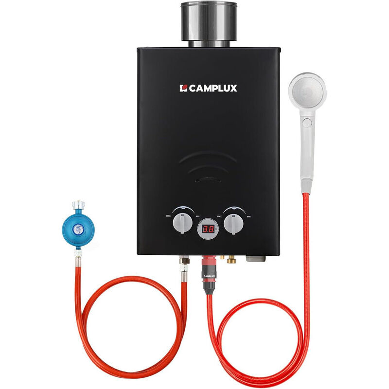 foto del prodotto camplux scaldabagno a gas 6l min con copertura antipioggia, scaldabagno istantaneo a gas propano butano da 11kw bw158bc de 50mbar nero