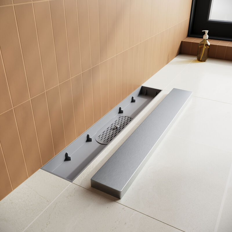 foto del prodotto canaletta di scolo per doccia in acciaio inox canalina doccia con filtro per capelli drenaggio rapido design del pannello 2 in 1 risparmio di spazio