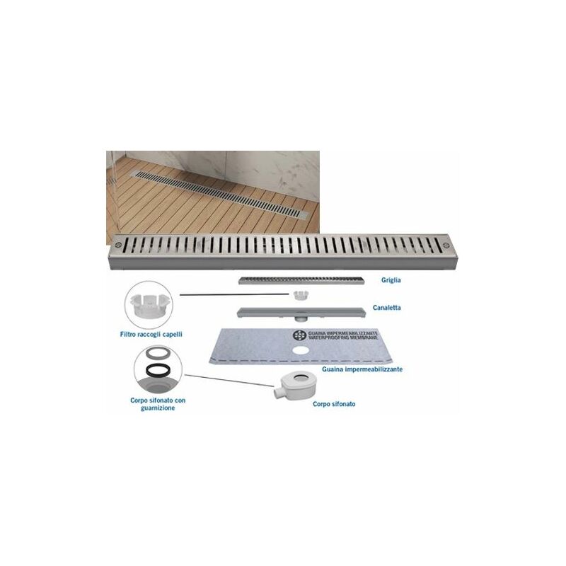 foto del prodotto canalette ad incasso in acciaio inox per scarico bagni a filo pavimento in kit griglia 55 cm
