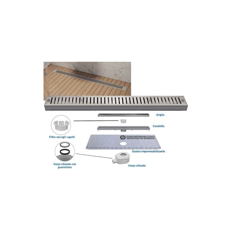 foto del prodotto canalette ad incasso in acciaio inox per scarico bagni a filo pavimento in kit griglia 55 cm
