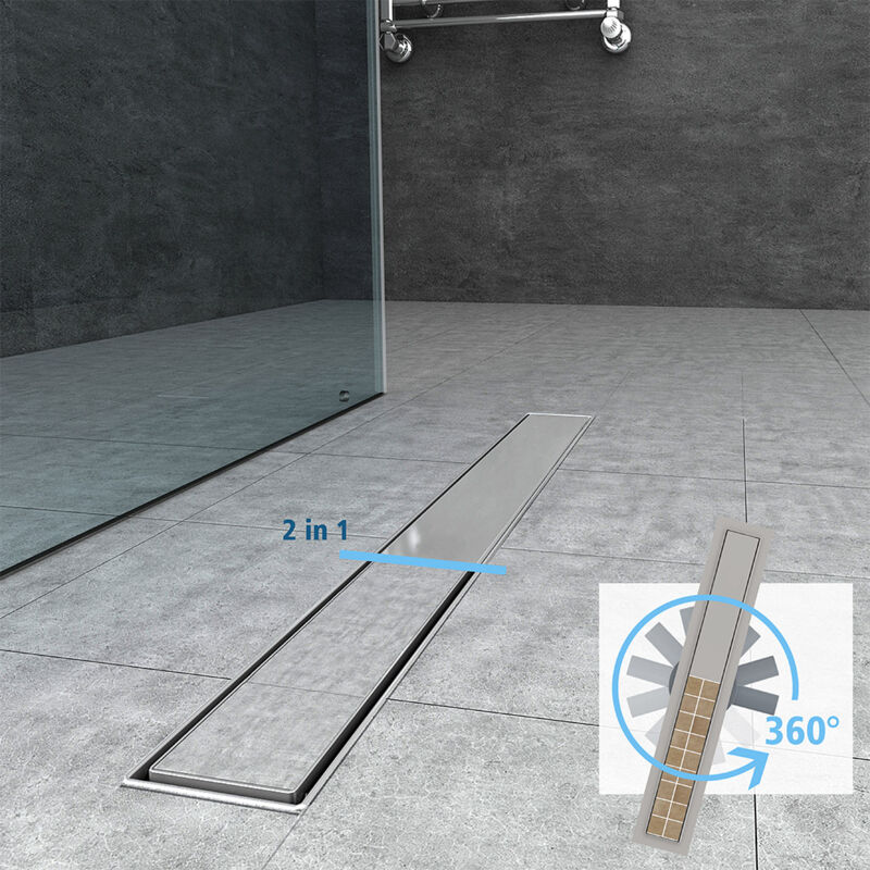 foto del prodotto canalina di scarico 2 in 1 a pavimento con sifone rotante 360 canale doccia acciaio inox antiodore 70 cm ocean italy