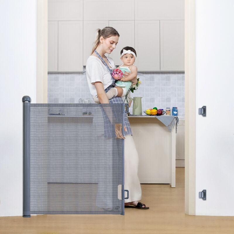 foto del prodotto cancelletto di sicurezza per bambini estensibile cancelletto per scale a chiusura facile h.84 x l.140 cm max. grigio zebraa