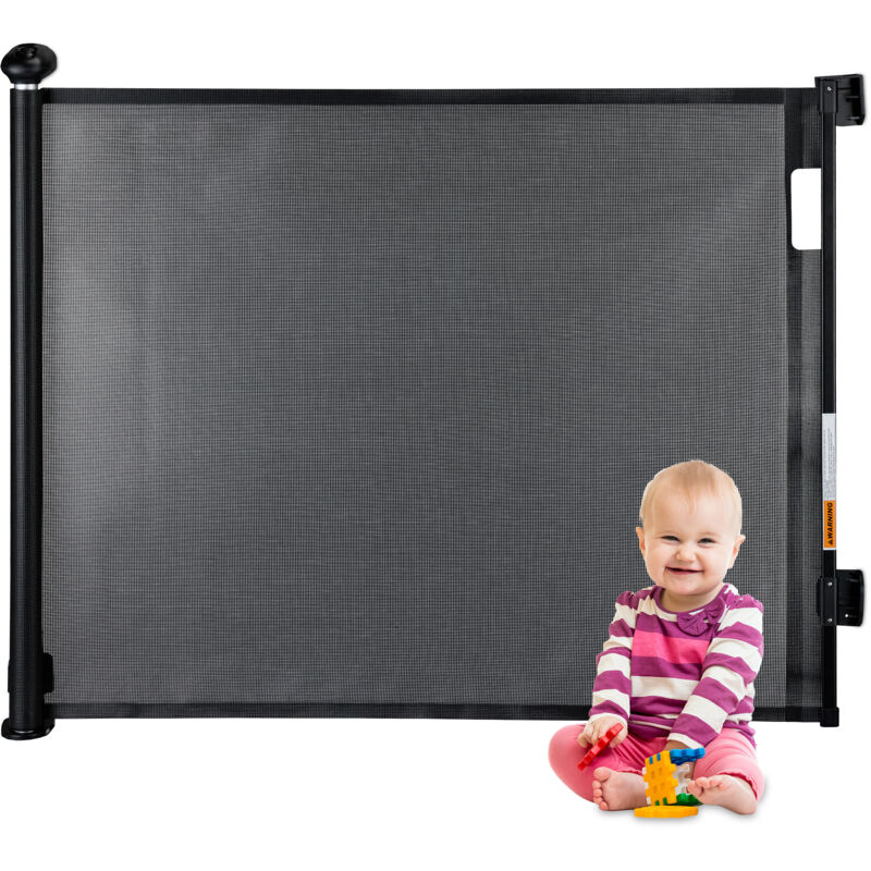 foto del prodotto cancelletto sicurezza per cani e bambini, barriera estensibile per scale, l 70 180 cm, porta retrattile, nero relaxdays