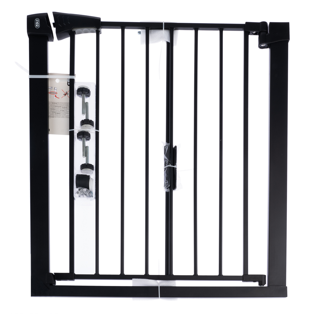 foto del prodotto cancelletto tiaki nero con prolunga di 7 cm h 76 cm, p 75 fino a 82 cm