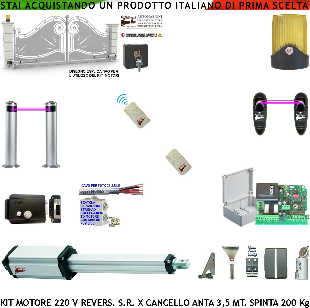 foto del prodotto cancello 3,5 metri kit automazione motore elettromeccanico 230 v stelo reversibile 600 mm centrale 2 coppie fotocellule 2 pali 2 radiocomandi faro elettroserratura selettore 2 ck scatola fuse cavo