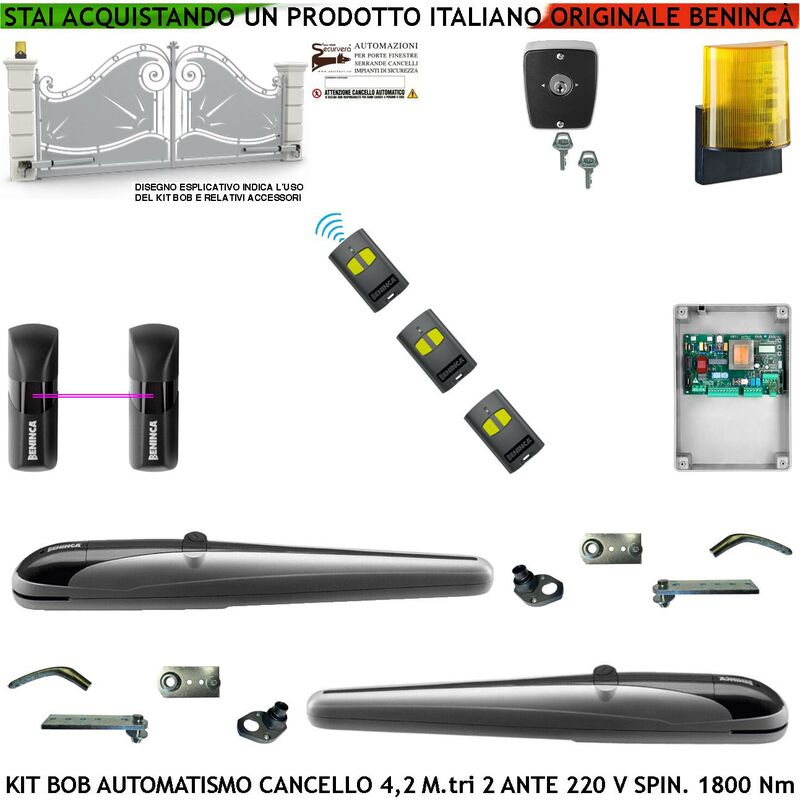 foto del prodotto cancello 4,2 metri 2 ante kit bob automatismo motori elettromeccanici 230 v corsa 325 mm spinta 1800 nm sblocco a chiva coppia fotocellule 3