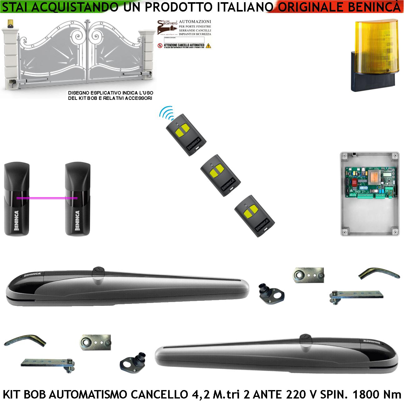 foto del prodotto cancello 4,2 metri 2 ante kit bob automatismo motori elettromeccanici 230 v corsa 325 mm spinta 1800 nm staffe fissaggio sblocco a chive 3 radiocomandi coppia fotocellule lampeggiante led con antenna