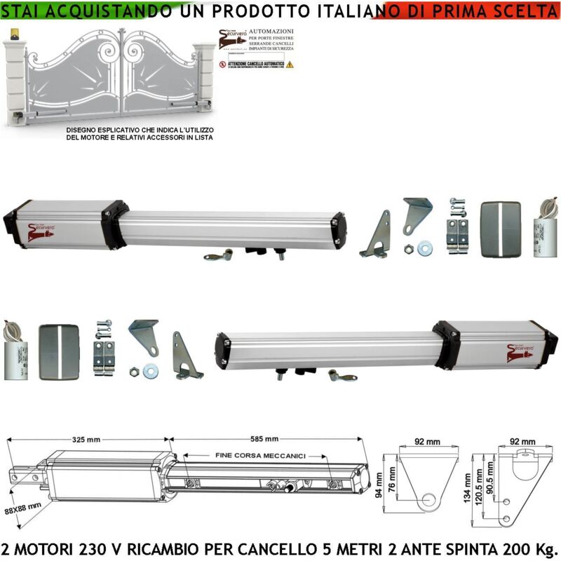 foto del prodotto cancello automatico 2 ante da 2,5 metri 2 motoriduttori di ricambio 220 v corsa 400 mm spinta 2 q.li 2 condensatori 16 f kit staffe chiave sblocco
