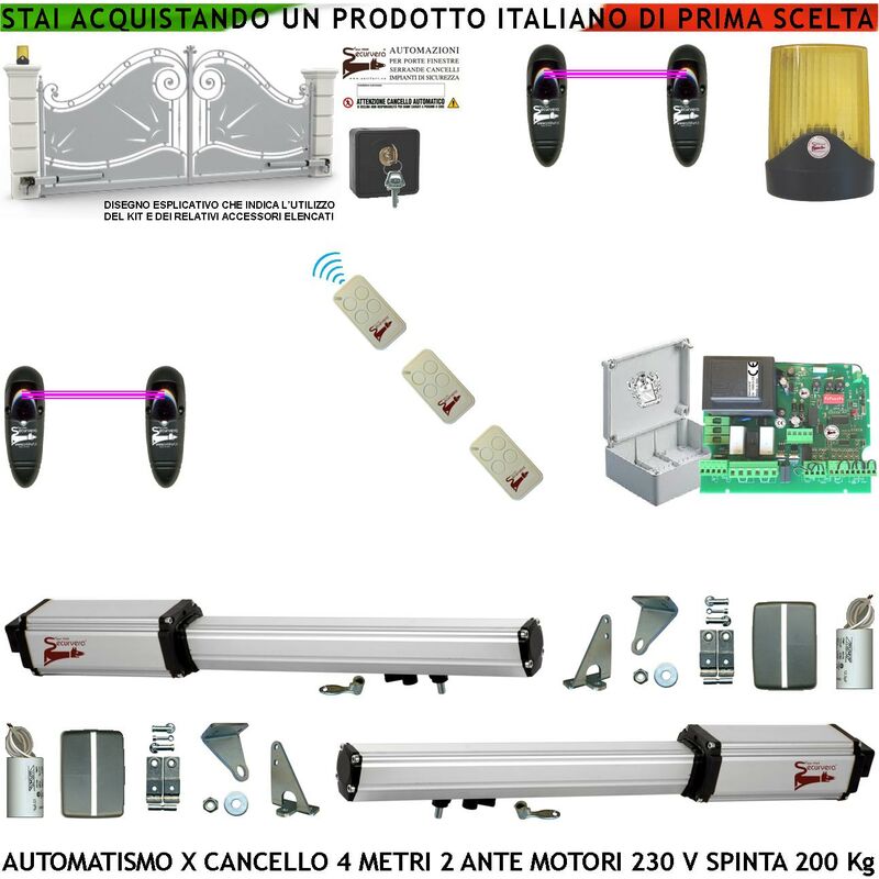 foto del prodotto cancello automatico 4 metri 2 ante da 2 mt kit 2 motori elettromeccanici 230 v corsa 300mm spinta 2 q.li sblocco staffe 3 radiocomandi 2 fotocellule