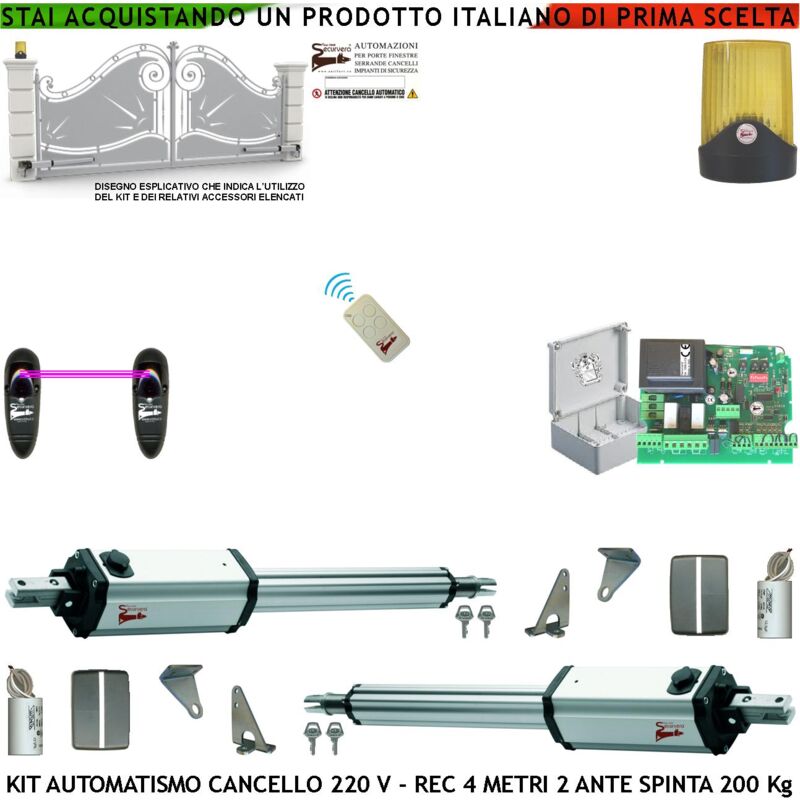foto del prodotto cancello automatico 4 metri 2 ante kit motori 230 v stelo retrattile autobloccante corsa 300 mm radiocomando fotocellule faro chiave cartello
