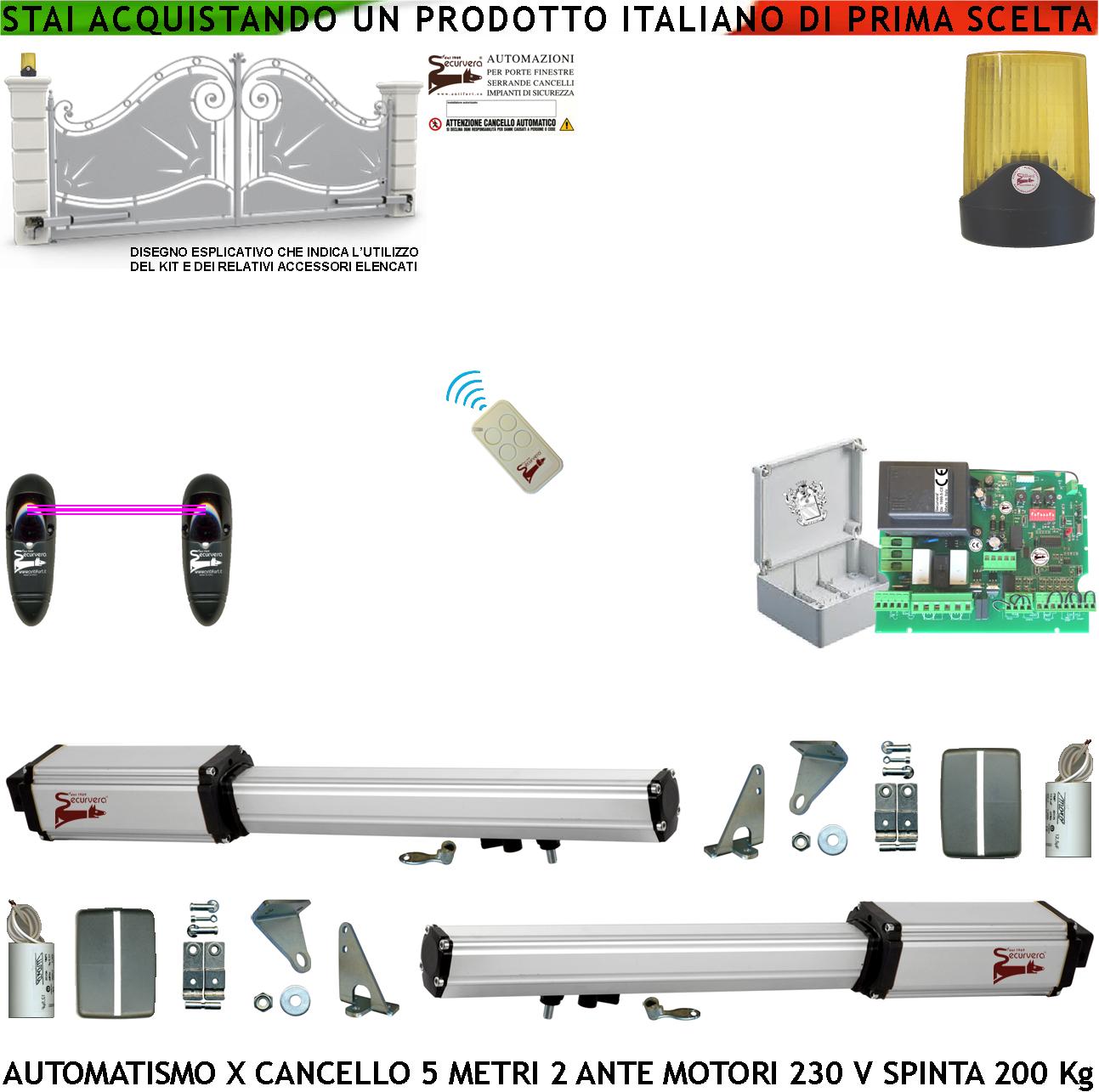 foto del prodotto cancello automatico 5 metri 2 ante da 2,5 mt kit base automatismo 2 motori elettromeccanici 230 v spinta 2 q.li staffe sblocco centrale ricevente radiocomando faro coppia fotocellule cartello monitore