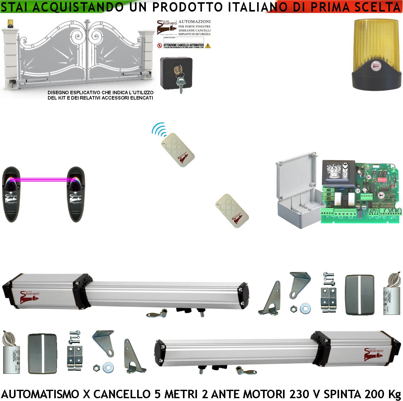 foto del prodotto cancello automatico 5 metri 2 ante da 2,5 mt kit motori elettromeccanici 230 v corsa 400 mm spinta 2 q.li sblocco staffe 2 radiocomandi fotocellule selettore 2 chiavi faro movimenti cartello monitore