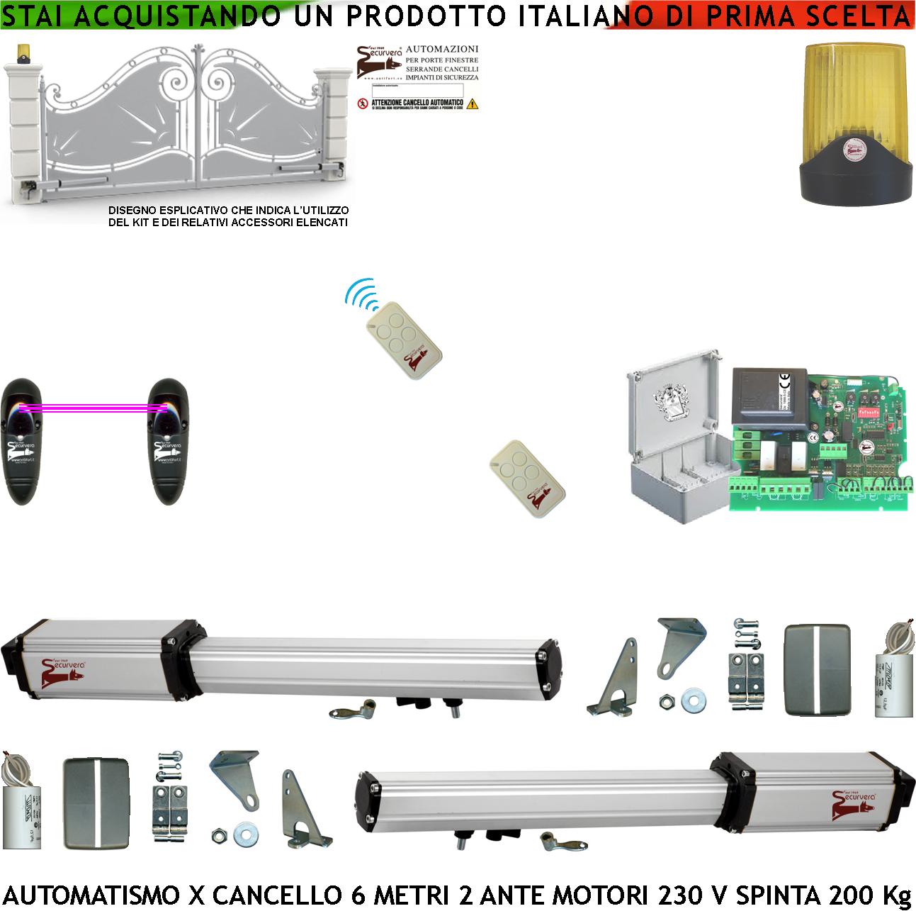 foto del prodotto cancello automatico 6 metri 2 ante 3 mt kit base automazione 2 motori elettromeccanici 230v spinta 2 quintali staffe 2 chiavi sblocco centrale comando 2 radiocomandi faro fotocellule cartello monitore