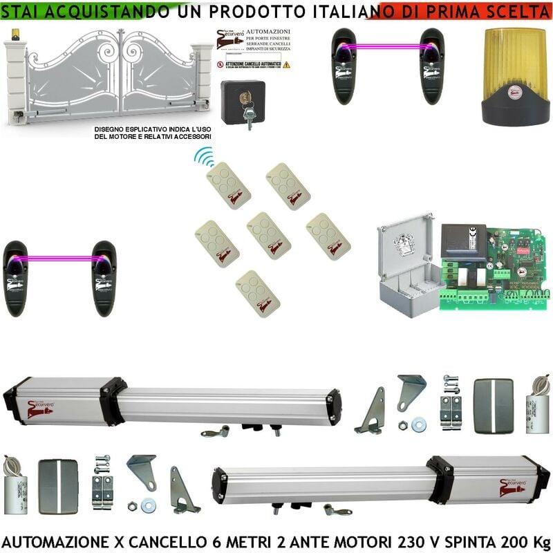 foto del prodotto cancello automatico 6 metri 2 ante da 3 mt kit 2 motori elettromeccanici 230 v corsa 500 mm spinta 2 q.li sblocco staffe sei radiocomandi due coppie