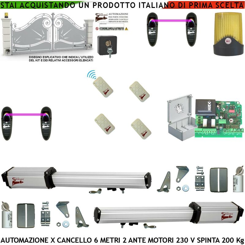 foto del prodotto cancello automatico 6 metri 2 ante da 3 mt kit base 2 motori elettromeccanici 230 v corsa 500 mm spinta 2 q.li kit staffe 4 radiocomandi 2 coppie