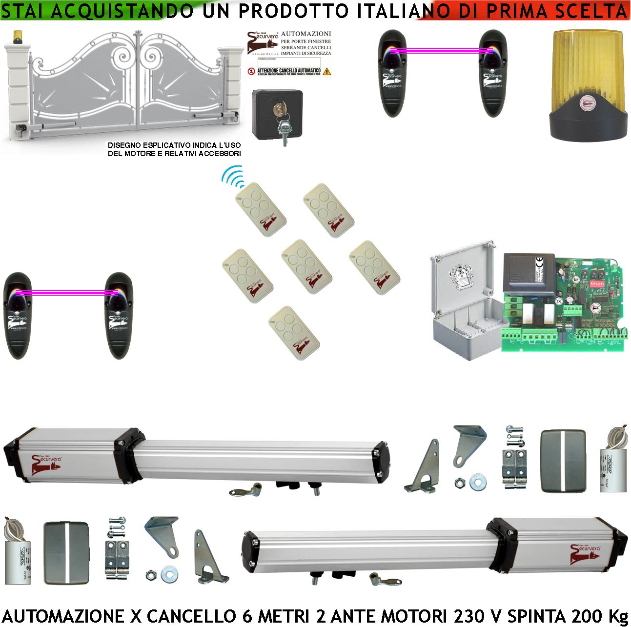 foto del prodotto cancello automatico 6 metri 2 ante da 3 mt kit base 2 motori elettromeccanici 230 v corsa 500 mm spinta 2 q.li kit staffe sei radiocomandi 2 coppie fotocellule faro 2 chiavi sblocco cartello monitore