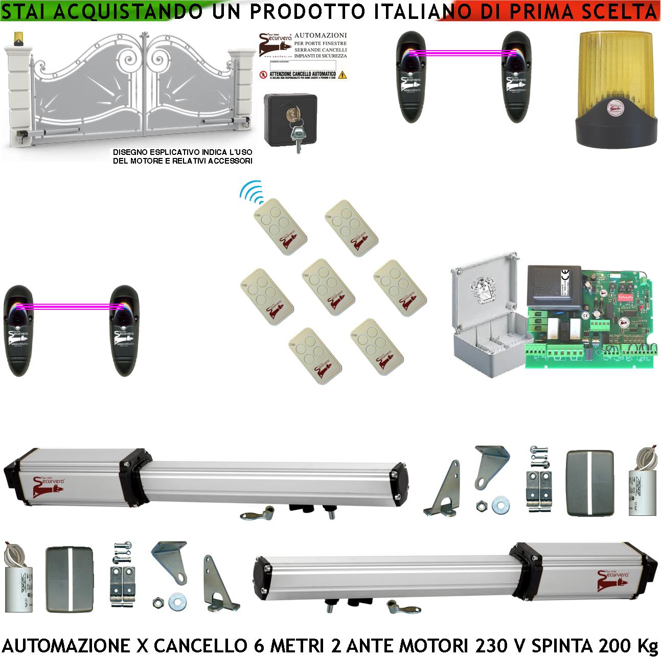 foto del prodotto cancello automatico 6 metri 2 ante da 3 mt kit base 2 motori elettromeccanici 230 v corsa 500 mm spinta 2 q.li kit staffe sette radiocomandi 2 coppie fotocellule faro 2 ck.i sblocco cartello monitore