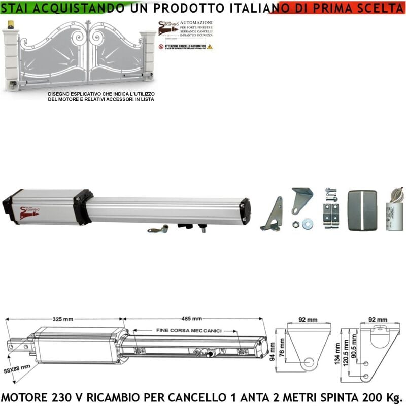 foto del prodotto cancello automatico anta 2 metri motoriduttore elettromeccanico 220 v corsa 300 mm sblocco a chiave ricambio originale securvera finecorsa meccanici