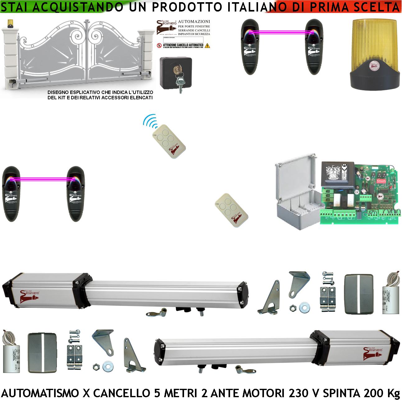 foto del prodotto cancello automatico battente 5 metri 2 ante da 2,5 mt kit 2 motori elettromeccanici 230 v corsa 400 mm spinta 2 q.li sblocco centrale e radio 2 radiocomandi faro 2 coppie fotocellule cartello monitore