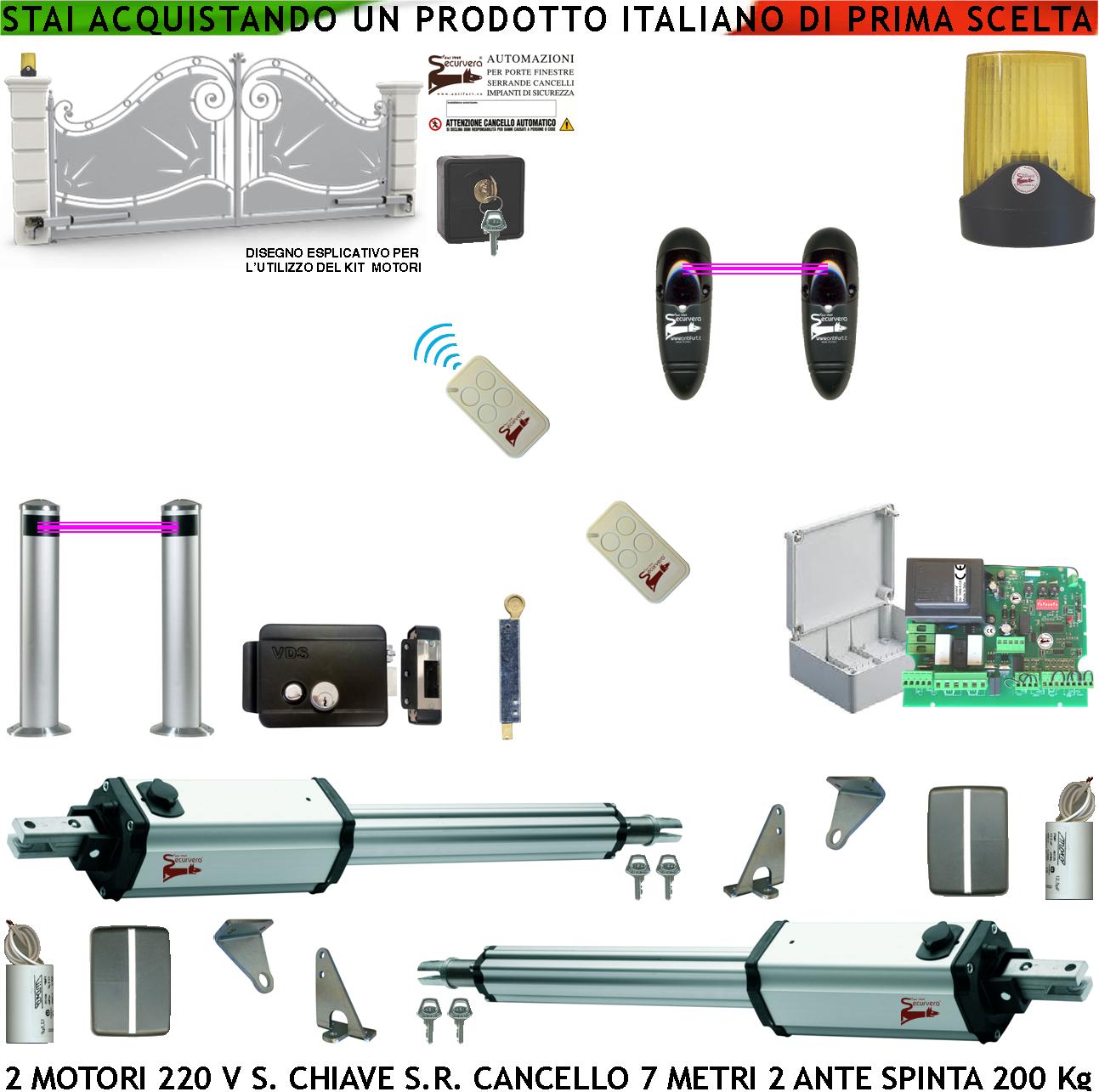 foto del prodotto cancello automatico da 7 metri 2 ante da 3,5 metri kit automatismo 2 motori elettromeccanici 230 v stelo bloccante spinta 250 kg centrale 2 radiocomandi 2 paline fotocellule faro selettore serratura