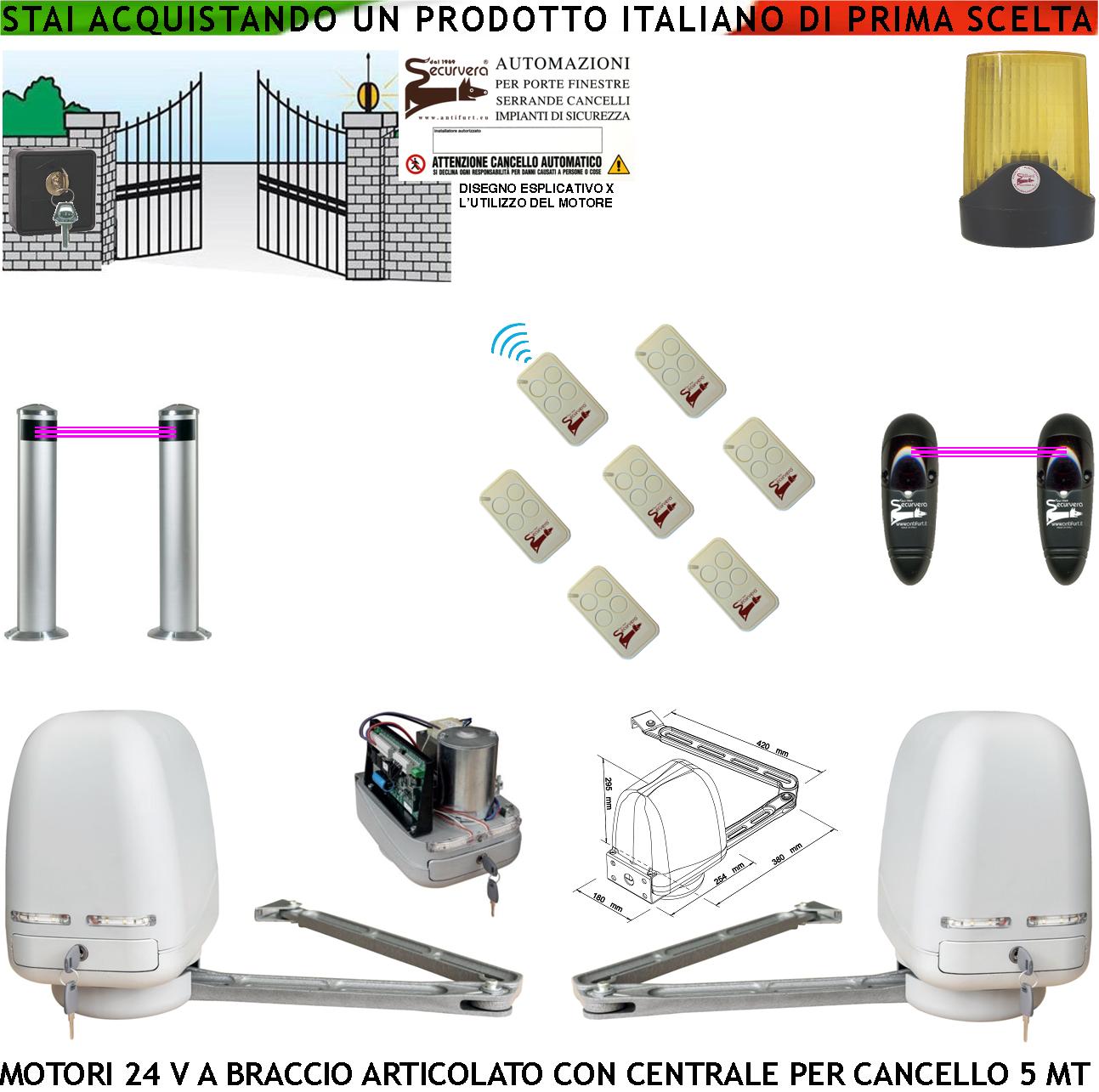foto del prodotto cancello automatico kit motori a braccio articolato 24 v 2 ante da 1 a 2,5 mt centrale 220 24 v selettore 7 radiocomandi faro 2 fotocellule 2 paline accendiluci