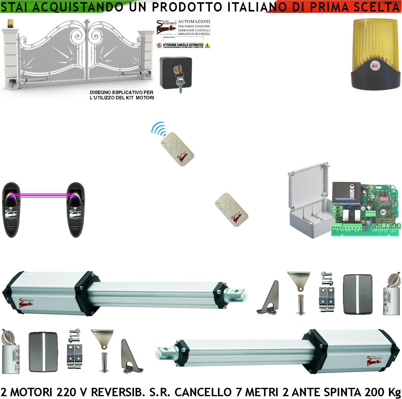 foto del prodotto cancello da 7 metri 2 ante da 3,5 metri kit base ricambio automatismo 2 motori 230 v stelo retrattile reversibile corsa stelo 600 mm spinta 250 kg centrale fotocellule 2 radiocomandi faro selettore