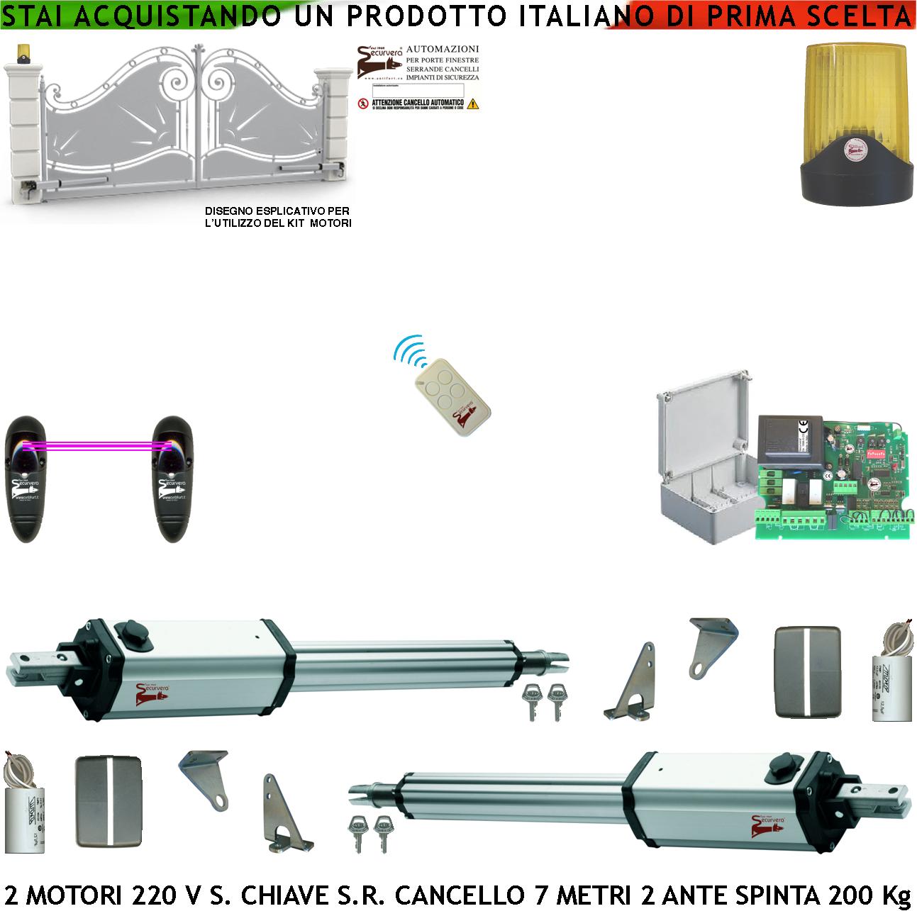 foto del prodotto cancello da 7 metri 2 ante da 3,5 metri kit ricambio automatismo elettrico 2 motori elettromeccanici 230 v stelo retrattile autobloccante corsa 600 mm spinta 250 kg centrale di comando incorpora radio
