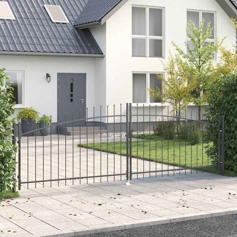 foto del prodotto cancello da giardino con punta a lancia doppio battente grigio 100 x 400 cm in acciaio vidaxl