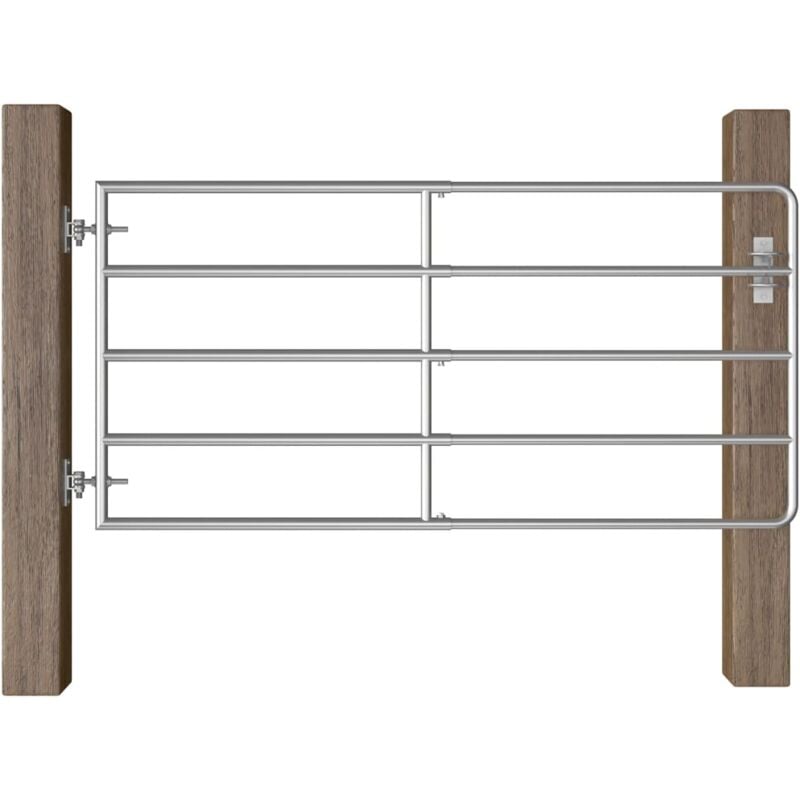 foto del prodotto cancello da giardino in acciaio zincato a 5 sbarre con fermo argento varie dimensioni dimensioni (95-170) x 90 cm