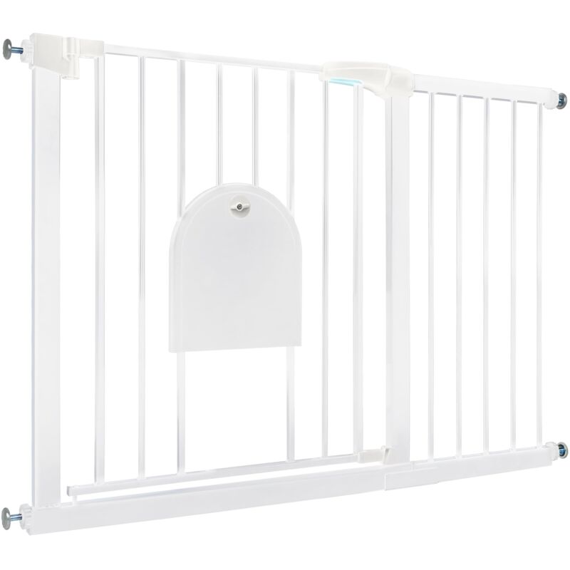 foto del prodotto cancello di sicurezza per bambini con porta per animali, cancelletto per scale n stop safety gate senza fori e griglia metallica espandibile con