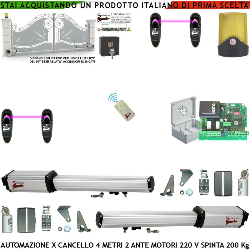 foto del prodotto cancello elettrico 4 metri 2 ante da 2 mt kit 2 motori elettromeccanici 230 v corsa 300 mm spinta 2 q.tali sblocco staffe radiocomando 2 coppie di