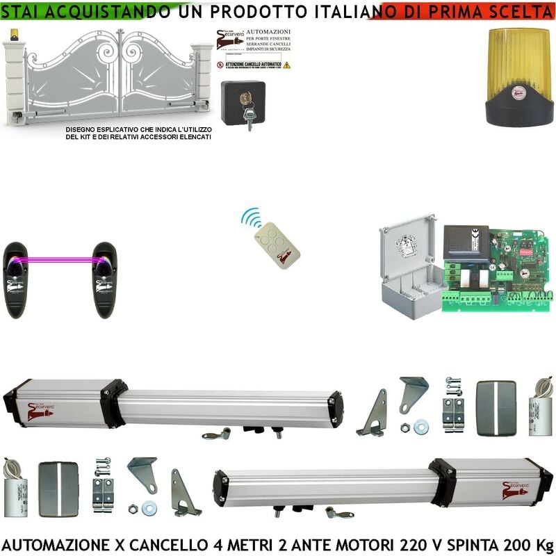 foto del prodotto cancello elettrico 4 metri 2 ante da 2 mt kit base 2 motori elettromeccanici 230 v corsa 300 mm spinta 2 q.li sblocco staffe radiocomando 1 coppia di