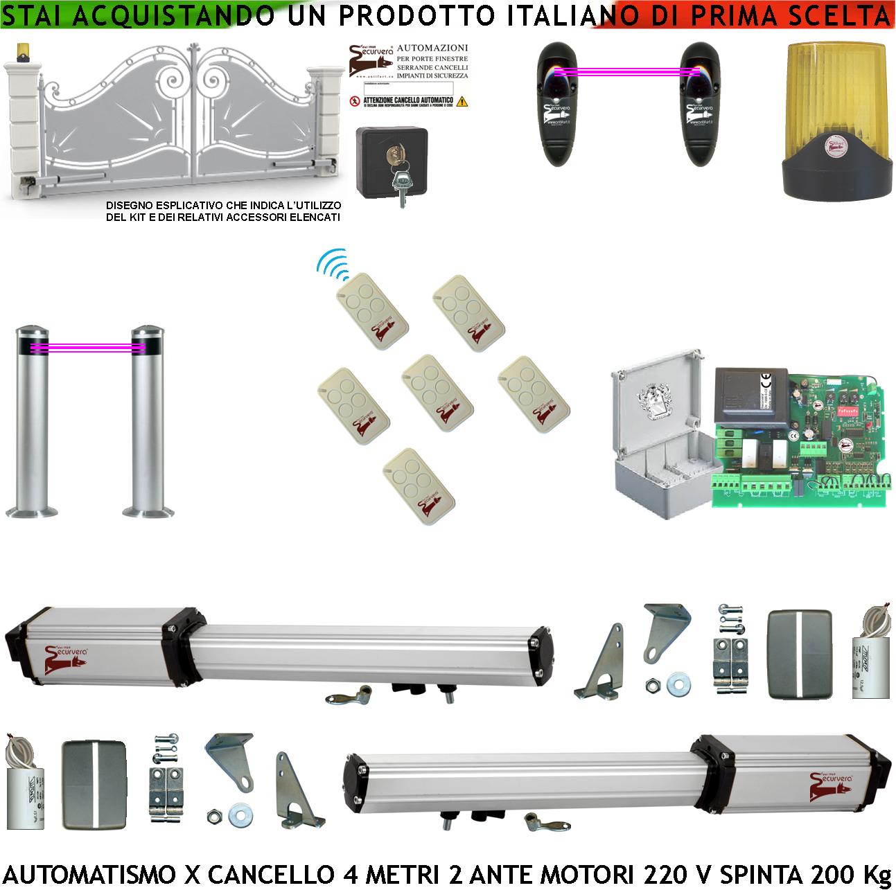 foto del prodotto cancello elettrico 4 metri 2 ante da 2 mt kit motori elettromeccanici 230 v sblocco corsa 300 mm spinta 2 q.li staffe 2 coppie fotocellule 2 paline 6 radiocomandi selettore 2 ck faro cartello monitore