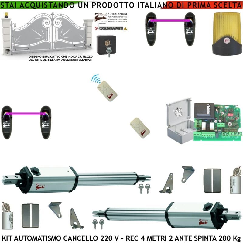 foto del prodotto cancello elettrico 4 mt 2 ante kit 2 motori 230 v stelo retrattile 2 radiocomandi 2 coppie fotocellule faro selettore cartello monitore centrale riprogrammabile luce di cortesia apertura pedonale