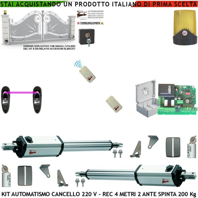 foto del prodotto cancello elettrico 4 mt 2 ante kit 2 motori 230 v stelo retrattile 2 radiocomandi fotocellule faro selettore cartello monitore centrale riprogrammabile luce di cortesia apertura condominiale pedonale