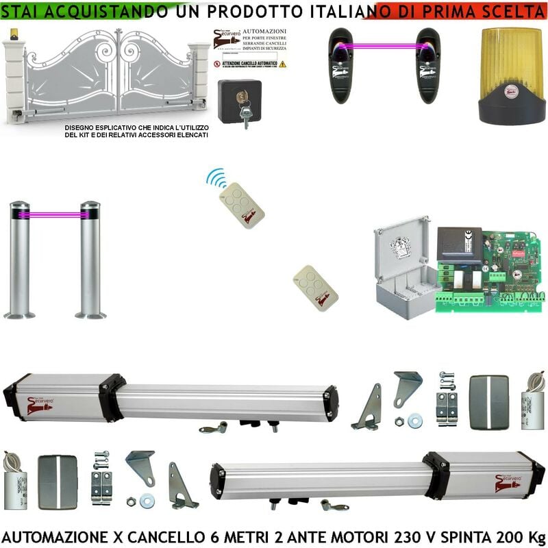 foto del prodotto cancello elettrico 6 metri 2 ante da 3 mt kit motori elettromeccanici 230 v sblocco corsa 500 mm spinta 2 q.li staffe 2 radiocomandi 2 coppie