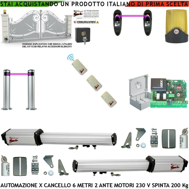 foto del prodotto cancello elettrico 6 metri 2 ante da 3 mt kit motori elettromeccanici 230 v sblocco corsa 500 mm spinta 2 q.li staffe tre radiocomandi 2 coppie fotocellule 2 pali selettore 2 ck faro cartello monitore